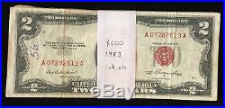 $100 face Lot of 50 ALL 1953 $2 Red Seal United States Notes withInk or issues