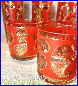(10) CULVER 6 OLD FASHIONED, 4 HIGHBALL GLASSES PAISLEY PATTERN 22 KT Gold/Red