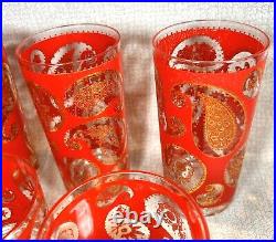 (10) CULVER 6 OLD FASHIONED, 4 HIGHBALL GLASSES PAISLEY PATTERN 22 KT Gold/Red