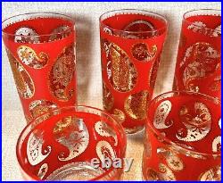 (10) CULVER 6 OLD FASHIONED, 4 HIGHBALL GLASSES PAISLEY PATTERN 22 KT Gold/Red