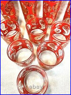 (10) CULVER 6 OLD FASHIONED, 4 HIGHBALL GLASSES PAISLEY PATTERN 22 KT Gold/Red