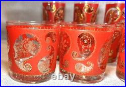 (10) CULVER 6 OLD FASHIONED, 4 HIGHBALL GLASSES PAISLEY PATTERN 22 KT Gold/Red