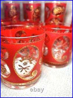 (10) CULVER 6 OLD FASHIONED, 4 HIGHBALL GLASSES PAISLEY PATTERN 22 KT Gold/Red