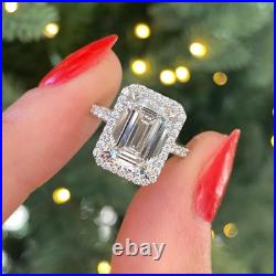10x8mm 3.40Ct Emerald Cut Moissanite Halo Engagement Ring 14K White Gold Plated