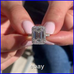 10x8mm 3.40Ct Emerald Cut Moissanite Halo Engagement Ring 14K White Gold Plated