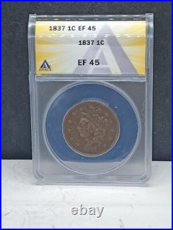 1837 Large Cent Liberty Head Graded All Original ANACS Grade EF45