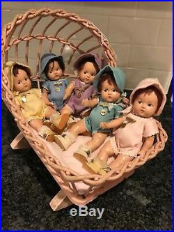 1936 Madame Alexander DIONNE QUINTUPLETS All Original, Pink Basket and Blanket