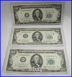 1950-A, B & D $100 Federal Reserve Notes 3 Notes All AU PC-629