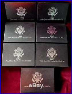 1992-1998 U. S. MINT PREMIER SILVER PROOF SETS-ALL COMPLETE WithCOA & BOXES