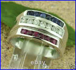 1.25 ct 14k White Gold Men's Natural Diamond Sapphire Ruby Ring All American USA