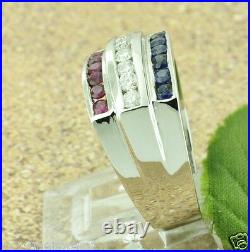 1.25 ct 14k White Gold Men's Natural Diamond Sapphire Ruby Ring All American USA