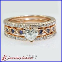 1 Carat Heart Shaped Diamond And Sapphire Three Piece Wedding Ring Set For Women