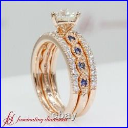 1 Carat Heart Shaped Diamond And Sapphire Three Piece Wedding Ring Set For Women