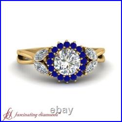 1 Carat Round Cut Diamond & Sapphire Flower Halo Engagement Ring In Yellow Gold