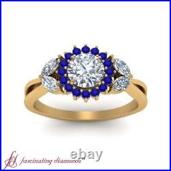 1 Carat Round Cut Diamond & Sapphire Flower Halo Engagement Ring In Yellow Gold