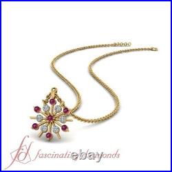 25 Ctw. Round Diamond With Pink Sapphire Snowflake Pendant In 18K Yellow Gold