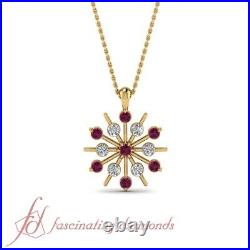 25 Ctw. Round Diamond With Pink Sapphire Snowflake Pendant In 18K Yellow Gold