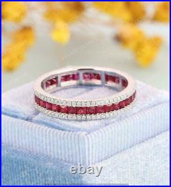 2Ct Princess Simulated Ruby Eternity Wedding Band Ring 925 Silver Gold Plated