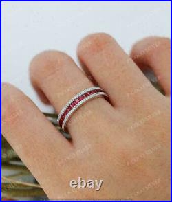 2Ct Princess Simulated Ruby Eternity Wedding Band Ring 925 Silver Gold Plated