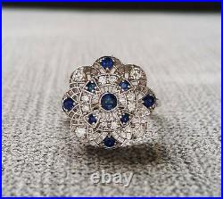 2Ct Round Cut Blue Sapphire Antique Art Deco Engagement Ring 14K White Gold Over