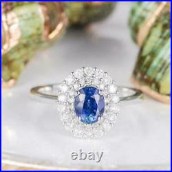 2.10Ct Oval Cut Blue Sapphire Diamond Halo Engagement Ring 14K White Gold Finish