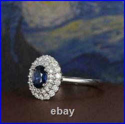 2.10Ct Oval Cut Blue Sapphire Diamond Halo Engagement Ring 14K White Gold Finish