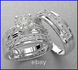 2.25Ct Round Cut Diamond His & Her Wedding Trio Ring Set in 14K White Gold Over