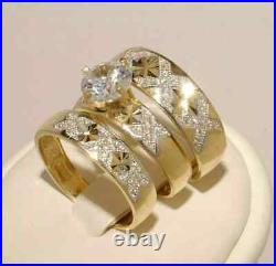 2.33Ct Moissanite His/Her Matching Ring Wedding Trio Set 14K Yellow Gold Plated