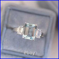 2.50Ct Emerald Cut Aquamarine Three Stone Engagement Ring 14K White Gold Finish