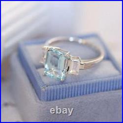 2.50Ct Emerald Cut Aquamarine Three Stone Engagement Ring 14K White Gold Finish
