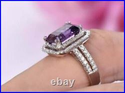 2.50Ct Emerald Cut Purple Amethyst Halo Lab Created Ring 14K White Gold Plated