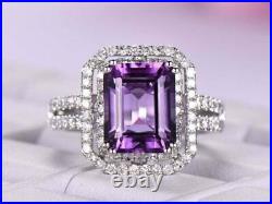 2.50Ct Emerald Cut Purple Amethyst Halo Lab Created Ring 14K White Gold Plated