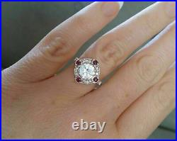 2.50Ct Round Cut Diamond Ruby Vintage Halo Engagement Ring 14K White Gold Finish