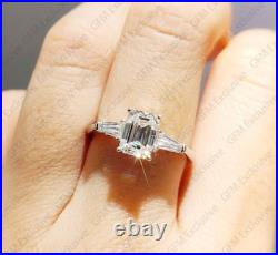 2.96 TCW Emerald Cut Moissanite Three Stone Engagement Ring 925 Sterling Silver