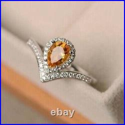 2 Ct Pear Cut Lab Created Citrine Women's Engagement Ring 14k White Gold Plated