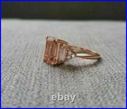 3Ct Emerald Cut Morganite Diamond Solitaire Engagement Ring 14K Rose Gold Finish