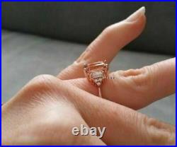 3Ct Emerald Cut Morganite Diamond Solitaire Engagement Ring 14K Rose Gold Finish