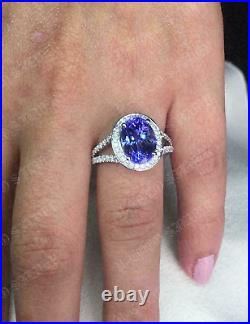 3Ct Simulated Tanzanite & Diamond Halo Engagement Ring 925 Silver Gold Plated
