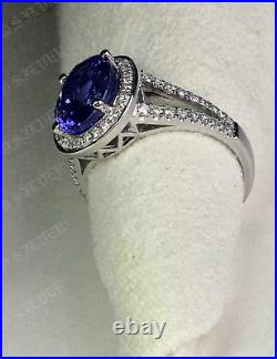 3Ct Simulated Tanzanite & Diamond Halo Engagement Ring 925 Silver Gold Plated