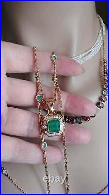 3.00Ct Asscher Cut Green Emerald Halo Diamond Pendant In 14K Yellow Gold Finish