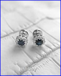 3.00Ct Round Cut Blue Sapphire Diamond Screw Back Earrings 14K White Gold Finish