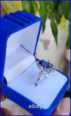 3.50Ct Emerald Cut Vintage Blue Sapphire Engagement Ring 14K White Gold Finish