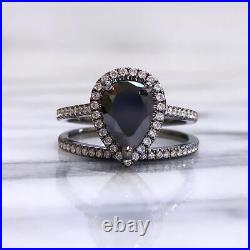 3.52 ct Black Pear Shape Diamond Engagement Ring Bridal Set 14k Black Gold Over