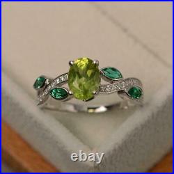 3 CT Oval Cut Green Peridot And Emerald Engagement Ring 14K White Gold Finish