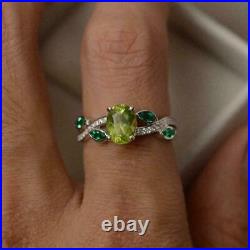 3 CT Oval Cut Green Peridot And Emerald Engagement Ring 14K White Gold Finish