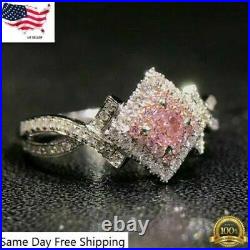 3. Ct Princees Cut Pink Sapphire Diamond HaloEngagement Ring14K White Gold Finish