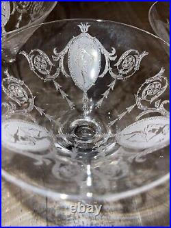 3 Tiffin Franciscan Glass Etched Dancing Girl withScarf Martini Clear Glass Rare