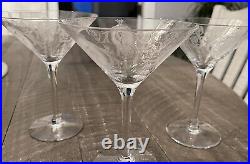 3 Tiffin Franciscan Glass Etched Dancing Girl withScarf Martini Clear Glass Rare