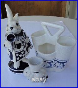 3 Vtg Dedham Potting Shed Pottery Alice Wonderland Rabbit Egg Cup Utensil Holder
