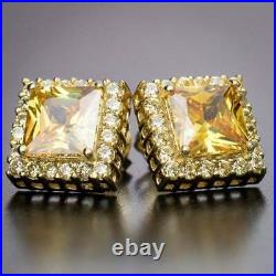 4Ct Princess Cut Yellow Sapphire Diamond Halo Stud Earrings 14K Yellow Gold FN